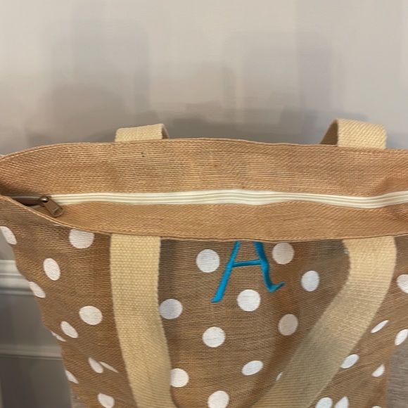 Burlap Initial A White Polka Dot Tote- Brand new - Picture 9 of 9